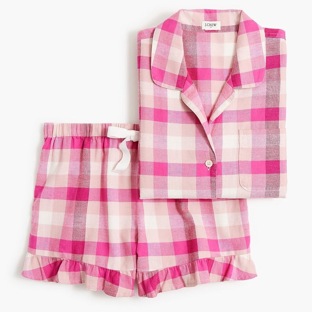 NWT J. Crew Ruffle Flannel Pajama Set in Iced Quartz size L